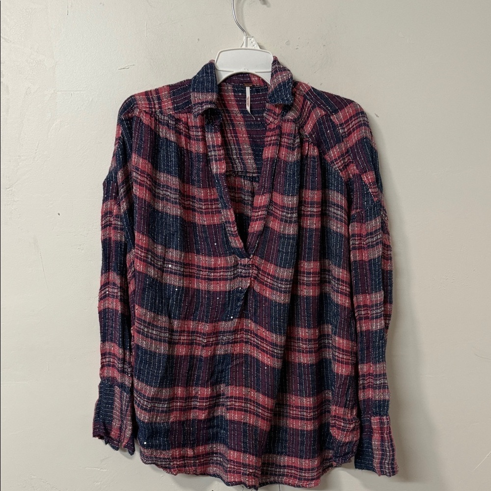 Free People pink  and Blue Plaid Blouse - Picture 2 of 5